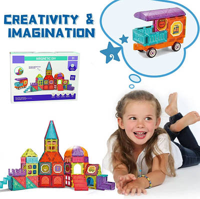 Великий магнітний конструктор дитячий розвивальний ігровий набір для збірки 3D фігур замок машинка 111 деталей