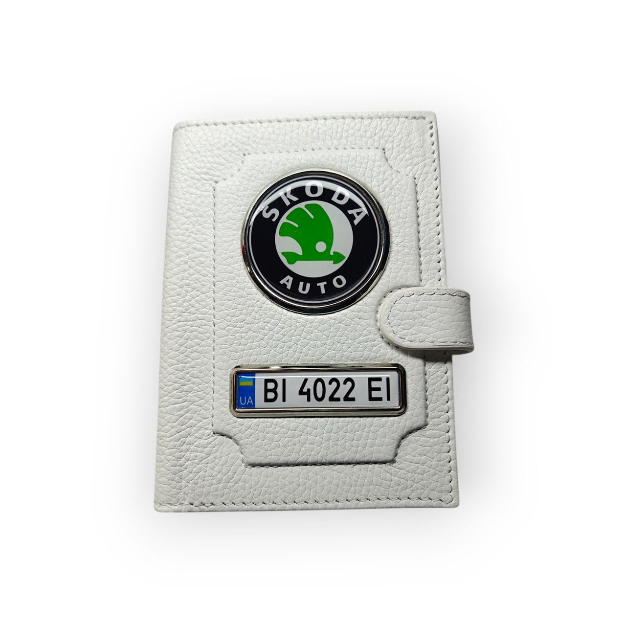 Портмоне для автодокументів Skoda auto з номером авто, натуральна шкіра біла