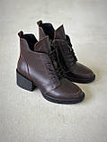 Черевики шкіряні демісезонні на невисокому підборі/  шнурівка/ блискавка, фото 5