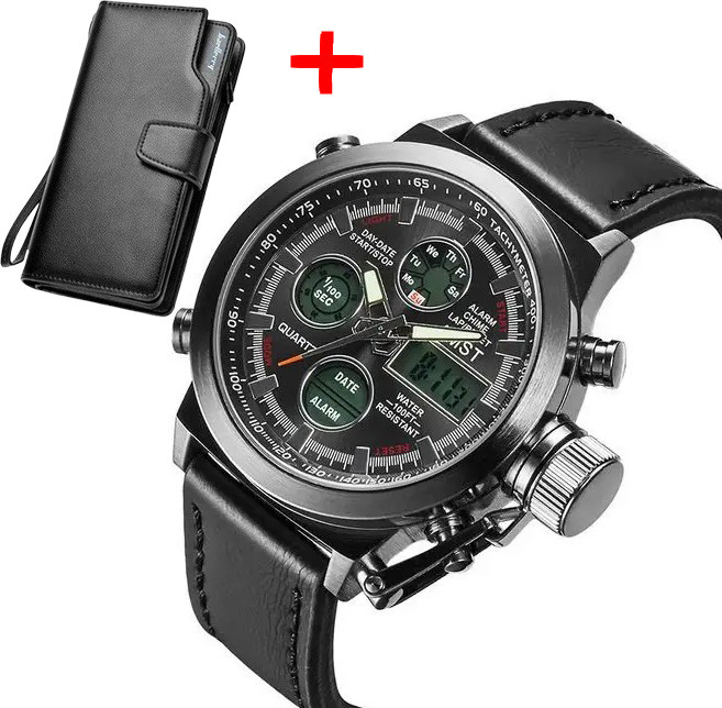 Чоловічий наручний годинник в армійському стилі AMST AM3003 + кошелек Baellerry Business, Чорний, фото 1