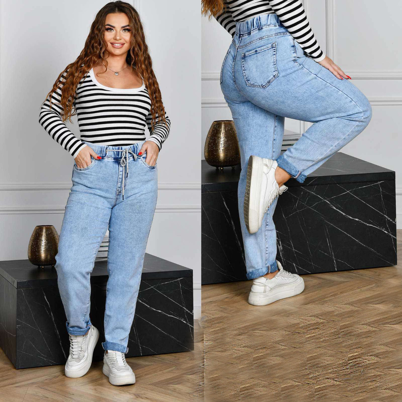 Жіночі у блакитному кольорі джинси МОМ, пояс резинка зі шнурівкою розмір 30