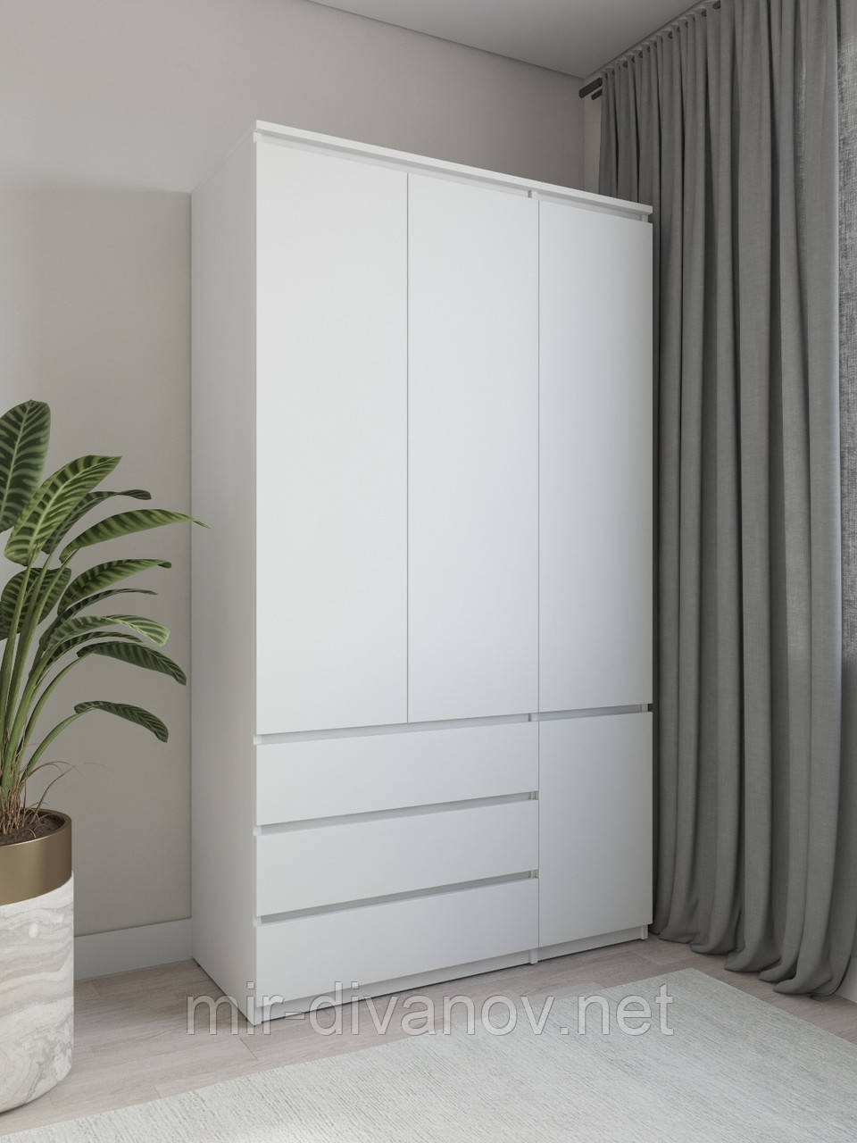 Шафа для одягу зі штангою та трьома ящиками без ручок 120см Білий, фото 1