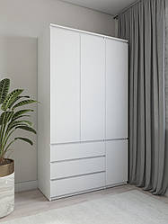 Шафа для одягу зі штангою та трьома ящиками без ручок 120см Білий