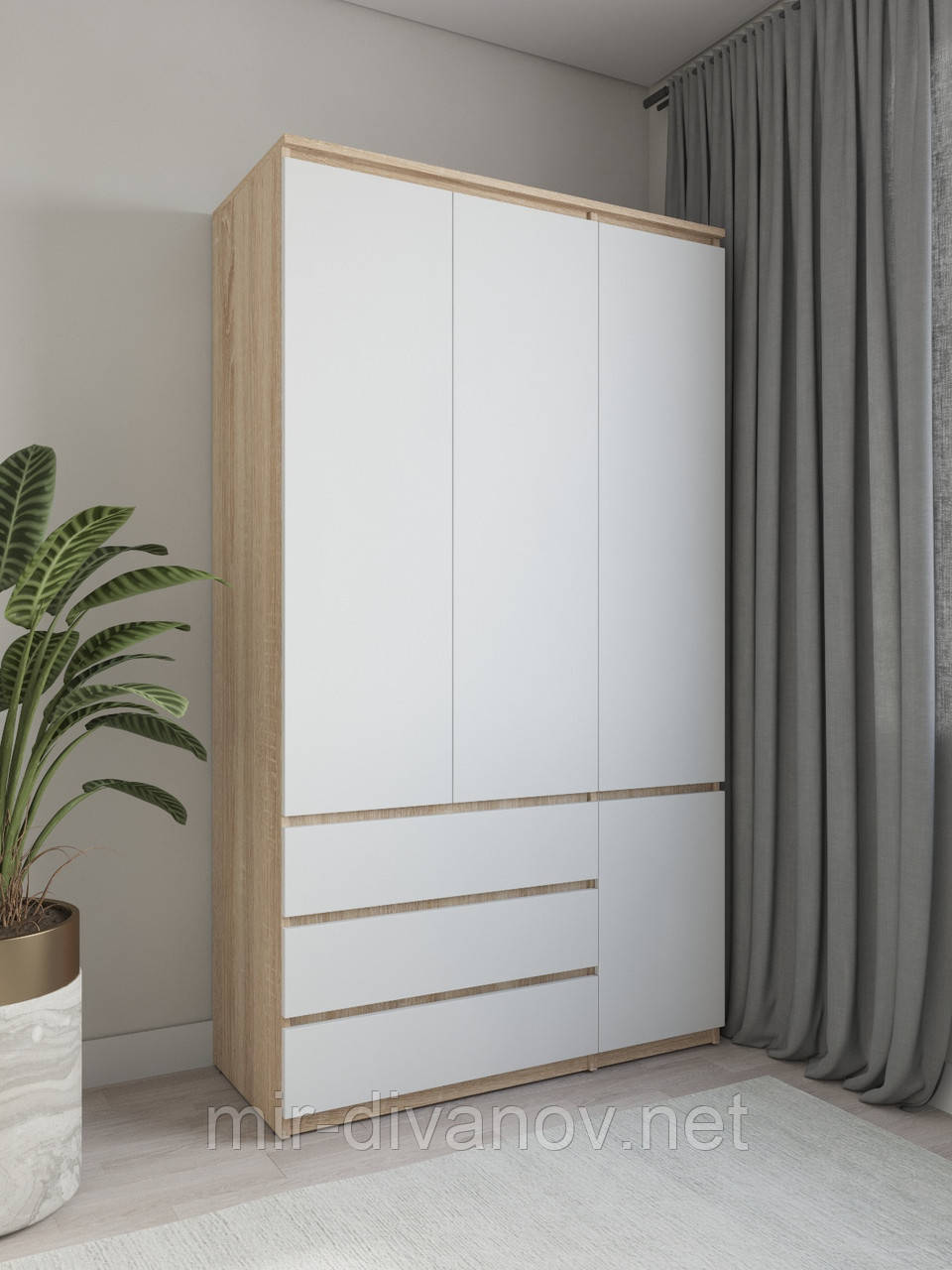 Шафа для одягу зі штангою та трьома ящиками без ручок 120см Дуб сонома+Білий, фото 1
