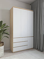 Шафа для одягу зі штангою та трьома ящиками без ручок 120см Дуб сонома+Білий