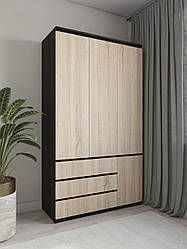 Шафа для одягу зі штангою та трьома ящиками без ручок 120см Венге+Дуб сонома