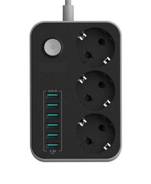 Мережевий удлинитель CX-U613-B 3 розетки 6 USB 1.6 м, фото 1