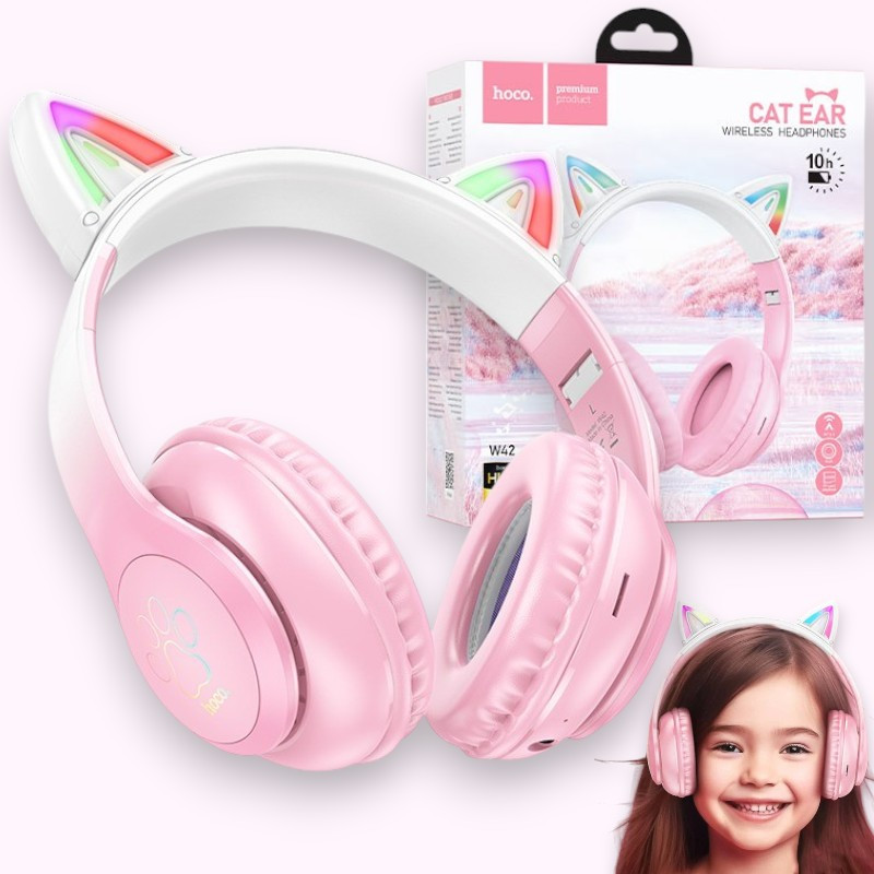 Бездротові дитячі Bluetooth навушники BIG HOCO W42 Cat Ear навушники з вушками та LED підсвіткою, рожевий