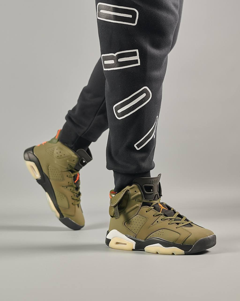 Чоловічі кросівки шкіряні Nike Air Jordan Retro 6 X Travis Scott 'Olive', кеди Найк Джордан хакі Чоловіче взуття