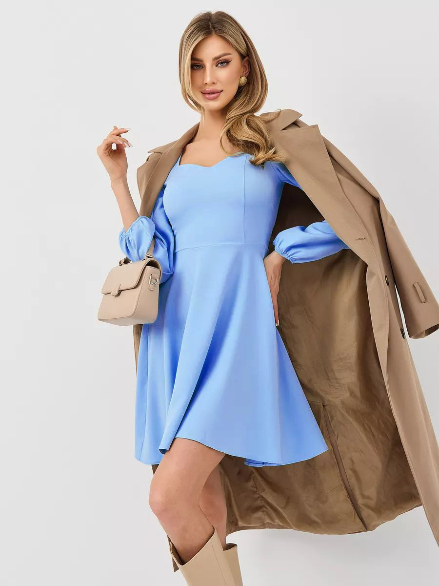 Красиве модне трендове коктейльне плаття-міні з декольте, блакитне, фото 1