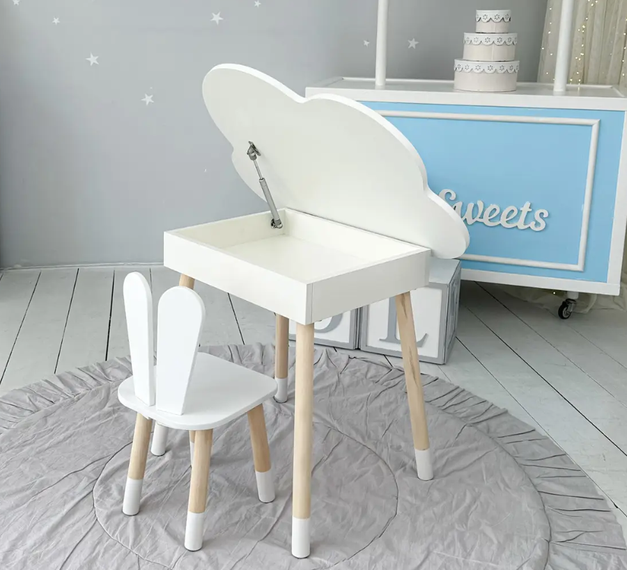 Дитячий білий стіл хмаринка з нішею та стілець зайчик білий.  Для дітей 1 групи зросту (100-115см), фото 1