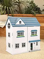 Двоповерховий дерев'яний ляльковий будиночок для дівчаток, іграшковий дерев'яний будиночок із меблями в синьому кольорі VSGT