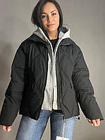 Куртка жіноча Joy one 552 демісезонна оверсайз трикотажна вставка з капюшоном подвійна застібка чорна, чорний, M