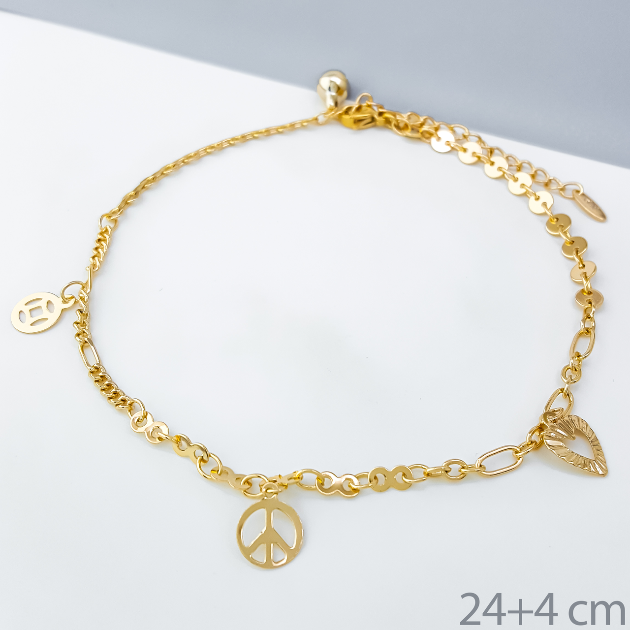 Браслет на ногу "Комбінований" з підвісками, р.24+4 см медзолото Xuping, позолота 18К, фото 1