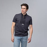 Вишита чоловіча футболка у сірому кольорі із геометричним орнаментом "Тризуб"