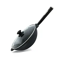 Сковорода чавунна WOK 2,8 л, Ø26 см Brizoll с з дерев`яною ручкою та скляною кришкою