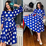 Стильне синє приталене плаття великих розмірів із поясом і спідницею кльош (р.50-56). Арт-3804/49, фото 2