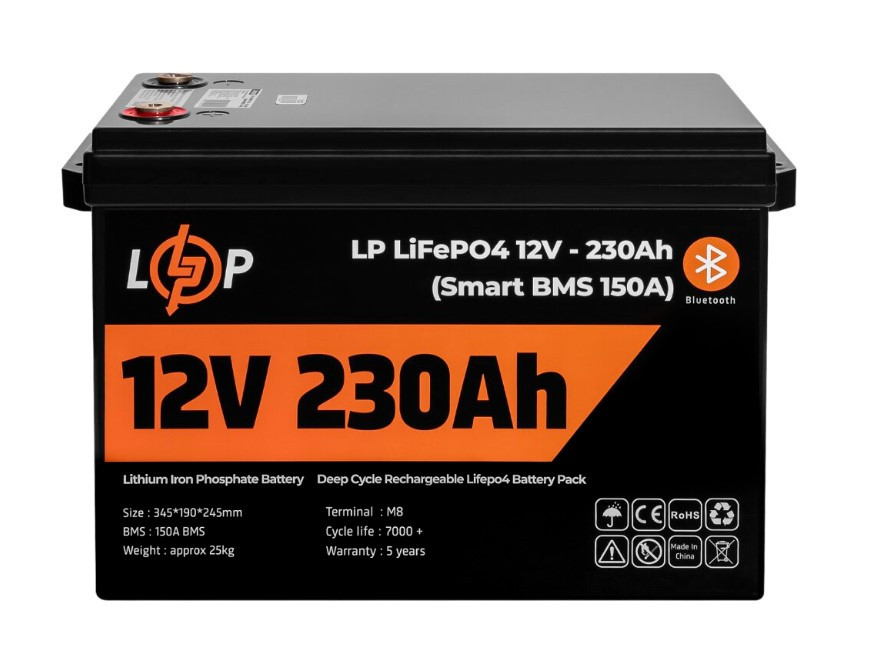 Акумуляторна батарея LogicPower 12 V 230 AH (2944Wh) Smart BT для ДБЖ (BMS 150A/75А) LiFePO4