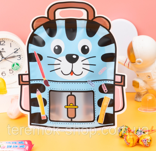 Пакет Тигр фігурний 28х24х6 см  блакитний для солодощів із зіп застібкою zip  Великий з ручкою  подарунковий, фото 1