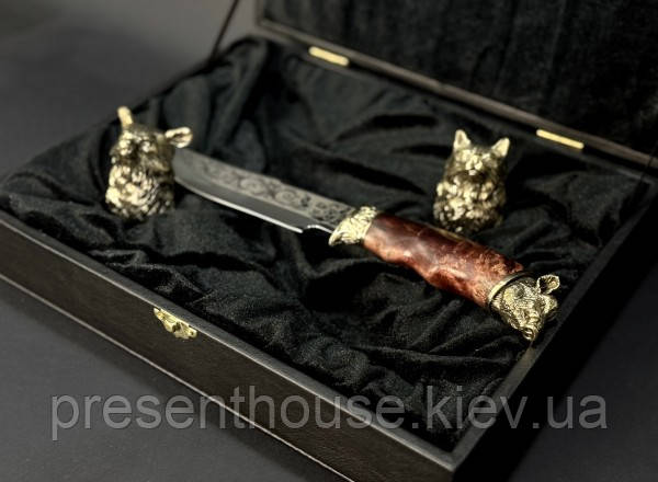 Набір чарок із бронзи ручної роботи "Мисливські" з ножем, фото 1