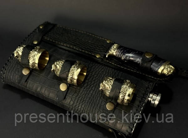 Набір бронзових чарок «Козаки» три чарки з ножем на флязі, фото 1