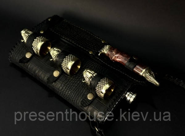 Набір бронзових чарок «Щука» три чарки з ножем на флязі, фото 1