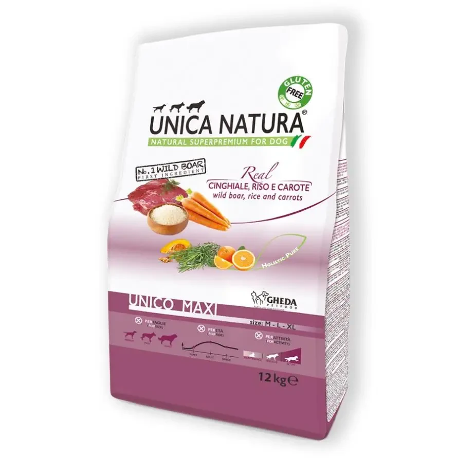 Сухий корм для цуценят та дорослих собак Unica Natura Unico Maxi - Cinghiale, riso, carote 12kg