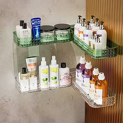 Комплект навісних настінних полиць у ванну, пластикова кутова поличка-трансформер (комплект 2 шт. Прозора та зелена)