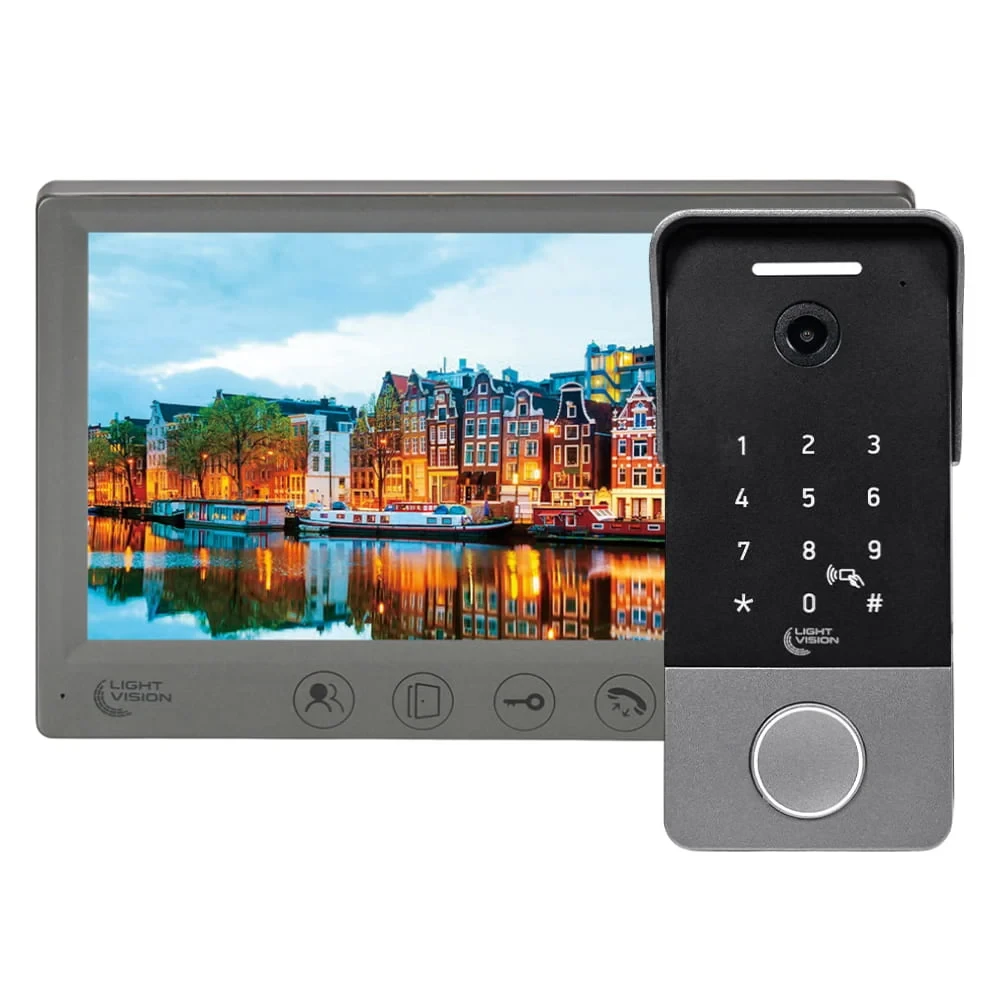 Комплект відеодомофона Light Vision: відеодомофон 7" AMSTERDAM FHD Grey та відеопанель 2Mp RIO FHD(KEY) Silver (82-00237-82-00243), фото 1