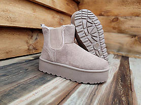 Уги ЧЕЛСІ черевички теплі БІЖОВІ BEIGE світлі ХАКИ на високій підошві екозамша жіночі зимові LQD, фото 3