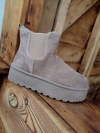 Уги ЧЕЛСІ черевички теплі БІЖОВІ BEIGE світлі ХАКИ на високій підошві екозамша жіночі зимові LQD, фото 2