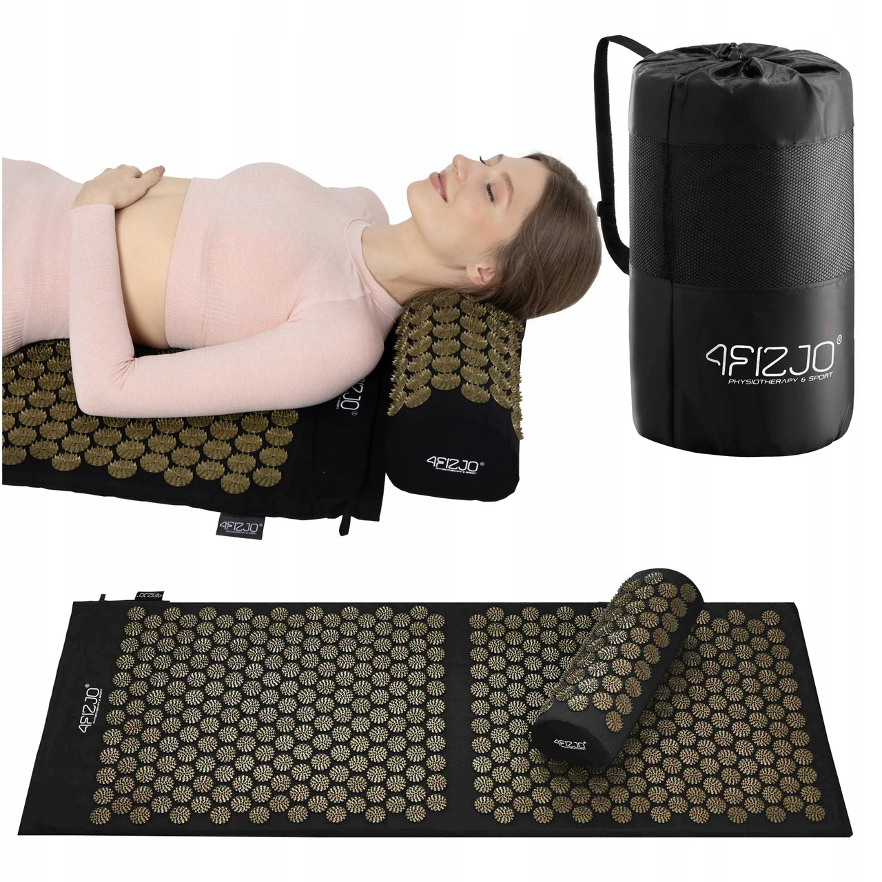 Килимок акупунктурний з валиком 4FIZJO Classic Mat XL Аплікатор Кузнєцова Black/Gold (P-5907739315052)