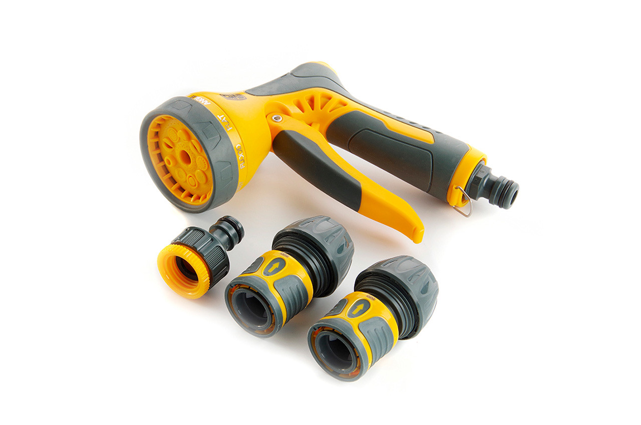 Набір для поливу Сила: пістолет 9 режимів, адаптер 1/2"–3/4", 2 конектори 3/4" — комплект з 4 елементів