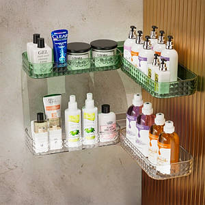 Комплект 2-х навісних настінних полиць у ванну, пластикова кутова поличка-трансформер (Зелена та прозора)