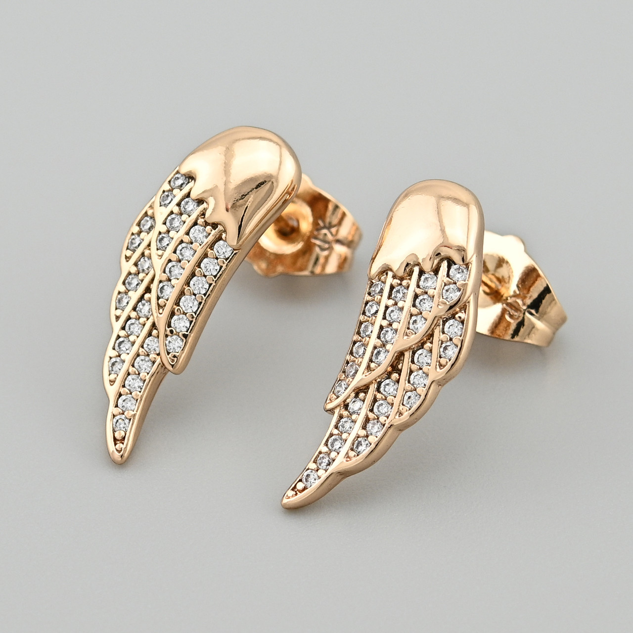 Сережки гвоздики Крила 47111 розмір 19х7 мм білі фіаніти вага 2.3 г позолота 18К, фото 1