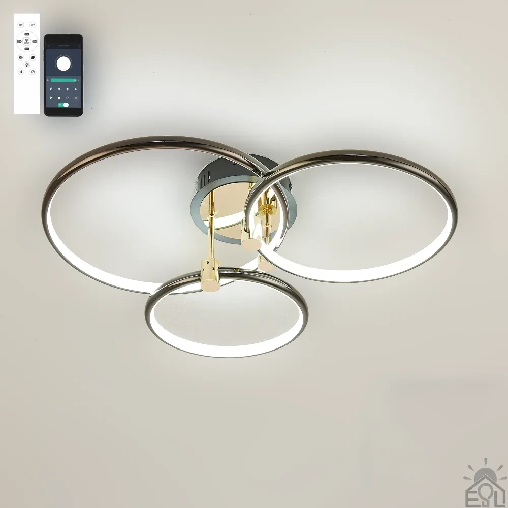 Світлодіодна люстра Esllse LUNE 64W 3R APP BLACK/GOLD/WHITE 580x500x130мм керована з пультом і додатком для смартфону