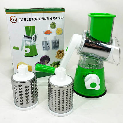 Овочерізка мультислайсер Tabletop Drum Grater Kitchen Master Терка для овочів та фруктів 3 насадки. Колір: зелений, фото 1