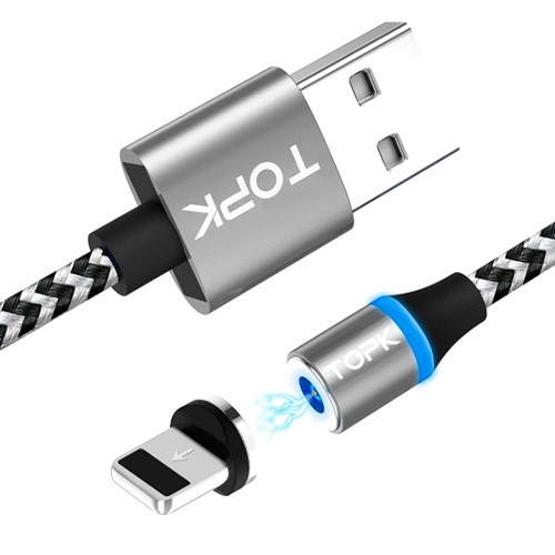 Кабель USB - Lightning 1м магнітний для Apple iPhone, до 2.4А, нейлон, TOPK, фото 1