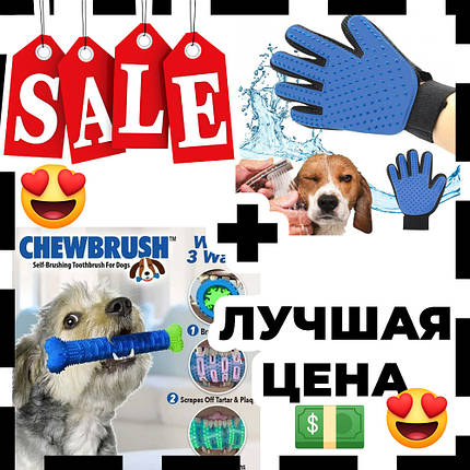 Комплект: Зубна щітка для собак ChewBrush + рукавички для чищення тварин Pet Gloves, фото 1