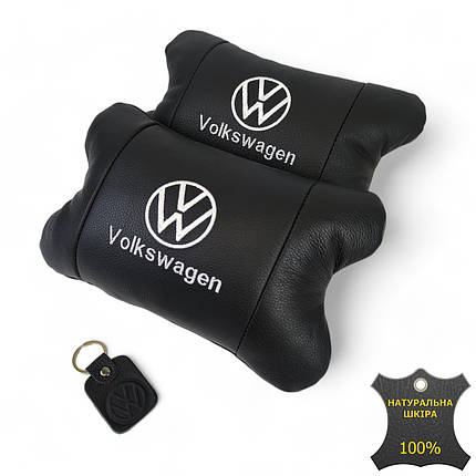 Набір подушок 2шт в авто Volkswagen з натуральної шкіри, на підголовник у машину, Автомобільна подушка, фото 1
