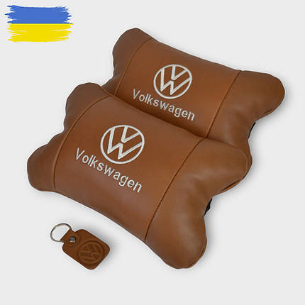 Набір подушок 2шт для автомобіля Volkswagen, з натуральної коричневої шкіри. Подушки на підголовник, фото 1