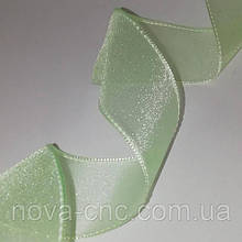 Стрічки щільна органза з прострочкою по краю Колір світло-салатовий 25 мм 50 ярдів
