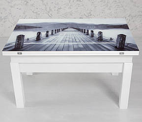Стіл трансформер Флай зі склом Мікс меблі білий малюнок Міст