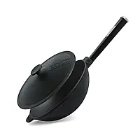 Сковорода чавунна WOK 2,8 л, Ø26 см Brizoll с з дерев`яною ручкою та чавунною кришкою