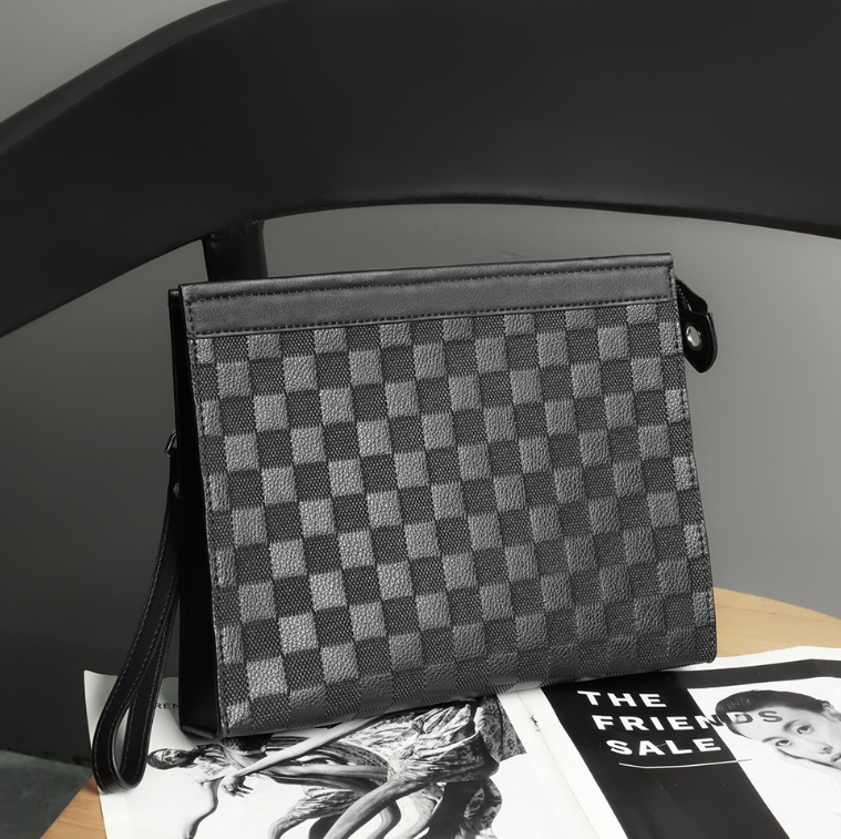 Великий чоловічий клатч барсетка з тисненням у клітку, гаманець-сумка з ремінцем, фото 1