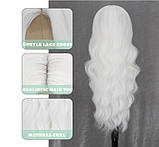 Перука густа платиново-біла матова довга хвиляста 70 см імітація шкіри голови, фото 3