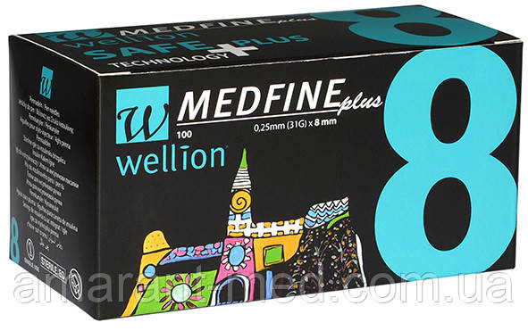 Голки для інсулінових шприц-ручок Wellion MEDFINE plus 0,25 мм (31G) x 8 мм, 100 шт.