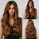 Перука довга хвиляста мідно - рудий омбре 70 см з імітацією шкіри голови термовлокно якісний густий, фото 3