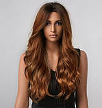 Перука довга хвиляста мідно - рудий омбре 70 см з імітацією шкіри голови термовлокно якісний густий, фото 2