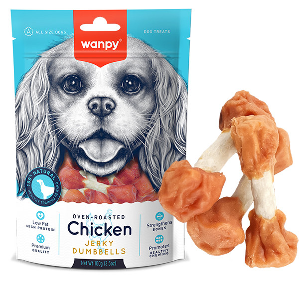 Wanpy Chicken Jerky Dumbbells ВАНПІ КІСТКА-ГАНТЕЛЬ З В’ЯЛЕНОЮ КУРКОЮ ласощі для собак, фото 1
